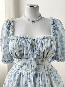 Sweetra Plus Size Elegant Floral & Plaid Print Tie-Waist Dress, Suitable For Spring/Summer Vacation - Blue - View 8