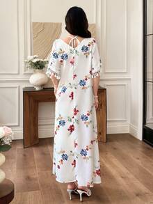 Al Najma 法式V領掛脖甜美多彩花卉印花流蘇飾邊拼接短袖寬鬆喇叭女款度假洋裝 - 彩色 - 查看 7