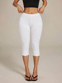 SHEIN PETITE Leggings Capri de Pierna Alta Estilo Urbano - Blanco - Ver 8