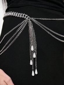 ROMWE Goth 1 件夸张金色性感派对身体链，配多层仿珍珠流苏，女士腰链，送给女朋友、姐妹、生日、度假、派对的礼物 - 銀色 - 查看 12