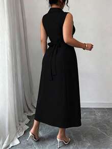 Elenzga Plus Size Versatile Premium Asymmetric V-Neck Women's Dress - Black - View 2