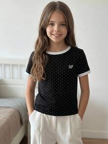 Dazy Kids 波點撞色可愛短袖圓領T恤，適合前青春期女孩夏季穿著 - 黑色 - 查看 6