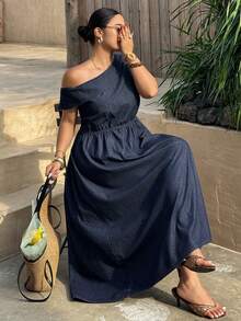 Dazy Plus Dark Wash Blue Vacation Style Off-Shoulder Cinched Waist Maxi Denim Dress, Casual For Plus Size Women - Dark Wash - View 10