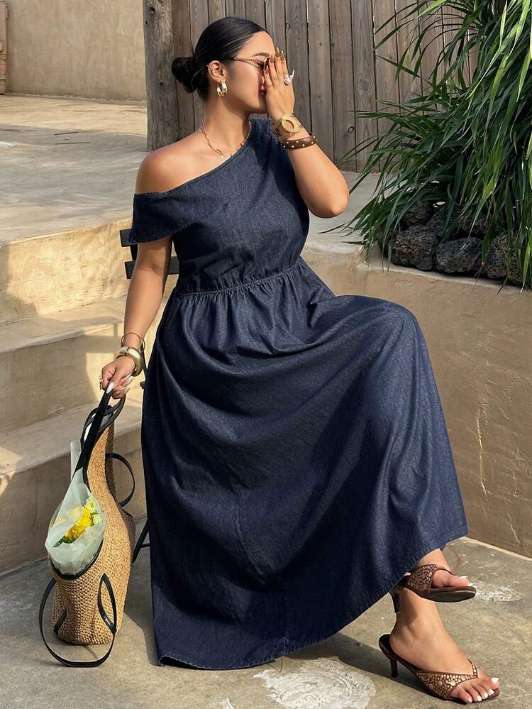 Dazy Plus Dark Wash Blue Vacation Style Off-Shoulder Cinched Waist Maxi Denim Dress, Casual For Plus Size Women