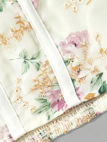 SHEIN MOD 女款夏季復古優雅度假風拼接刺繡花卉印花甜心領泡泡短袖魚骨修身T恤 - 彩色 - 查看 3