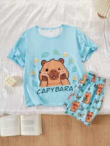 2pcs/Set Piyama Atasan Pendek Bahu Longgar & Celana Pendek Anak Perempuan, Motif Capybara Lucu, Kain Lembut & Nyaman, Gaya Rumahan yang Santai Namun Tetap Ceria - Mint Green - View 4