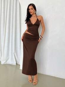 Firerie 女款優雅春夏精緻浪漫性感度假派對音樂節假期V領金屬裝飾掛脖露背腰部鏤空修身酒紅色長洋裝 - 棕色 - 查看 9
