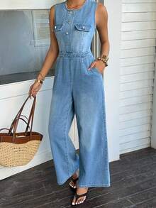 Rivivi Women's Round Neck Button Pocket Casual Daily Travel Denim Jumpsuit - Medium Wash - View 7