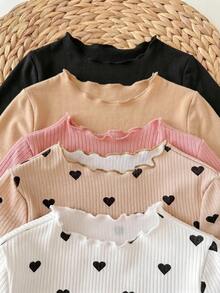 SHEIN 10pcs Set Baju dan Celana Panjang Rajut Warna Polos Motif Hati Kerah Berkerut untuk Bayi Perempuan Musim Gugur/Dingin - MultiWarna - View 4