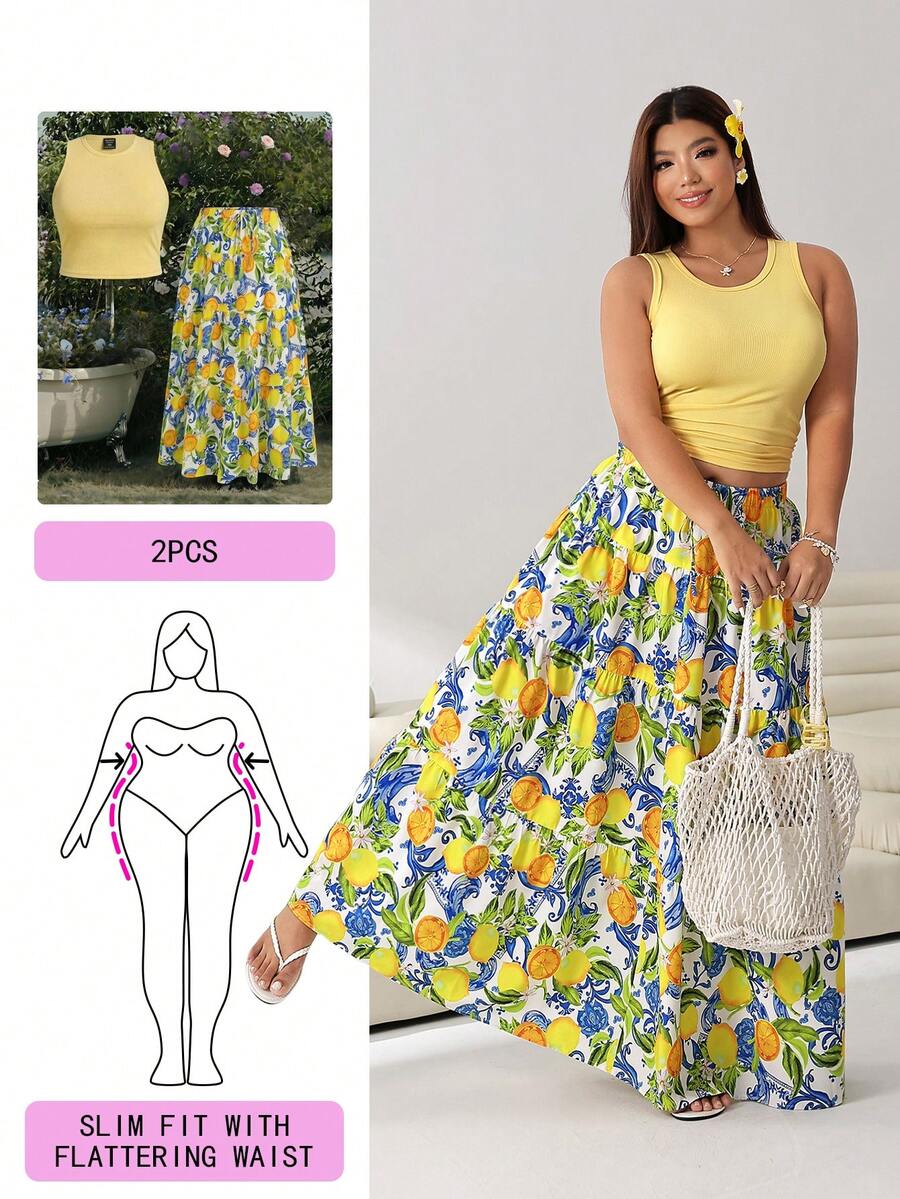 Solflare Conjunto de 2 piezas de falda maxi sin mangas amarilla talla grande - Multicolor - Ver 1