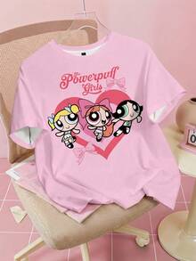 THE POWERPUFF GIRLS X SHEIN Camiseta de manga corta de cuello redondo con estampado de flores, burbujas y botones de mujer, informal y de verano - Blanco - Ver 1