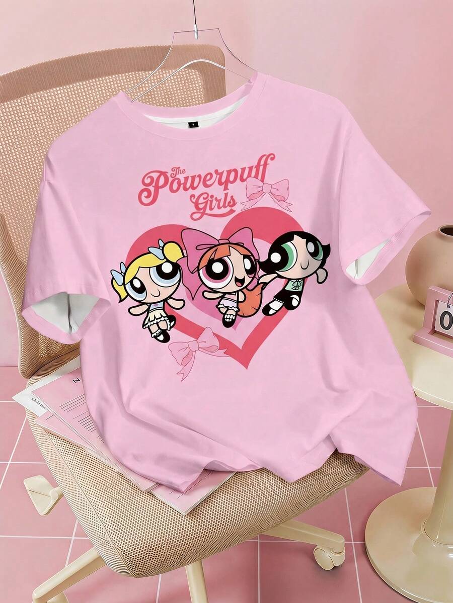 THE POWERPUFF GIRLS X SHEIN Camiseta de manga corta de cuello redondo con estampado de flores, burbujas y botones de mujer, informal y de verano - Blanco - Ver 1