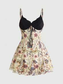 ROMWE Fairycore Dark Floral Mori Style Hippie Romantic Fairy Court Gothic Print Loose Fit Slimming Plus Size Women's Cami Mini Dress Dinner Carribean Pastel Summer - Beige - View 1