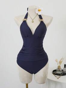 Swim Lushoire Metal Buckle Halter Swimwear For Women, Slim Fit, Textured, Suitable For Hot Spring, Beach Resort - Navy Blue - View 7