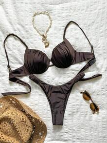 Bonvoyette Hard Cup Steel Support Spaghetti Strap Ruched Sexy Bikini Set - Brown - View 2