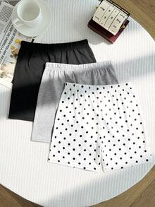 SHEIN Tween Girl Tween Girlss"S 簡單舒適運動休閒單車短褲，波點、純黑色、純白色單車短褲 3件/包 - 彩色 - 查看 3