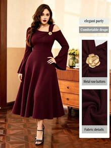 SHEIN Unity Plus Size Women's Solid Color Knitted Ribbed Asymmetric Shoulder Flare Sleeve Ruffle Trim Bodycon Maxi Elegant Party Dress - Burgundy - View 1