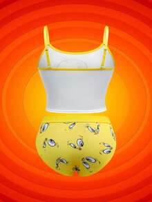 LOONEY TUNES X SHEIN 2pcs Women's Yellow & White Cartoon Tweety Print Cami Top And Boyshorts Set,Women Two Pieces Outfits,Kawaii,Sweet,Cute - Yellow - View 2
