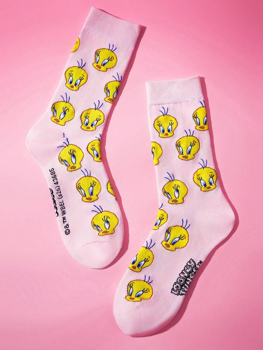 LOONEY TUNES X SHEIN 1雙女款格紋卡通圖案可愛筒襪 - 粉色 - 查看 1