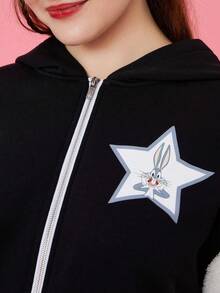 LOONEY TUNES X SHEIN Hơn Chữ cái & Đồ họa hoạt hình Thả vai áo có mũ Áo khoác - Đen và trắng - Xem 6