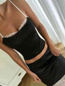 Cévolie Women's New Camisole Set, French Sexy Camisole Top + Skirt Black Set, Vintage Casual Elastic Shiny Fabric Lace Patchwork Camisole Top + Skirt 2-Piece Set, Hot Girl Sexy Black And White Contrast 2-Piece Set, Casual Simple Home Black Camisole 2-Piece Set, Suitable For Daily Home, Outing And Shopping Spring/Summer New Set - Black and White - View 1
