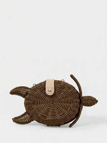 SHECARRY Ladies Fashionable Personalized Summer Fun Turtle Shape Pure Hand-Woven Hollow Slanted Shoulder Bag, Summer Vacation Seaside Beach - Brown - View 3
