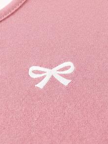 SHEIN Girlism 青少年女孩粉色與白色 T-shirt，2合1設計，蝴蝶結印花，對比色 T-shirt，設計款 T-shirt，不對稱，寬鬆，休閒，青少年女孩，運動風 - 粉色 - 查看 4