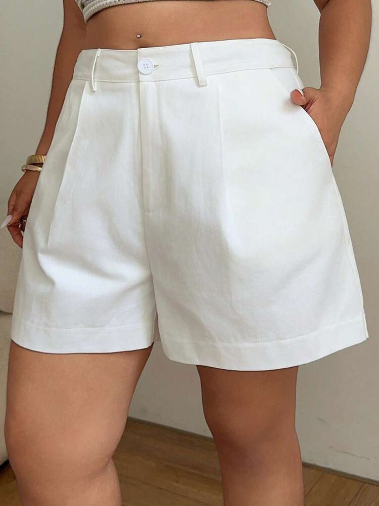 Dazy Plus Shorts blancos de talla grande para mujer, casuales, de unicolor, con decoración de botones en el bajo, estilo universitario, para vacaciones de primavera/verano - Blanco - Añade 6