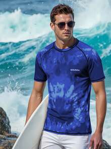 ZELFYO Men's Tie-Dye Pattern Raglan Sleeve Short Sleeve Crew Neck Swim Shirt Sun Protection - Royal Blue - View 4
