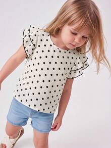SHEIN Young Girl Polka Dot Print Ruffle Sleeve Round Neck Back Cutout Top, Suitable For Summer Wear. - Apricot - View 3