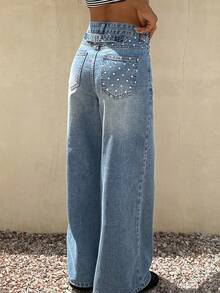 DAZY Women's Regular Waist Loose Straight Leg Jeans With Star Print, Casual Backside Design Everyday Blue Summer - Medium Wash - View 2