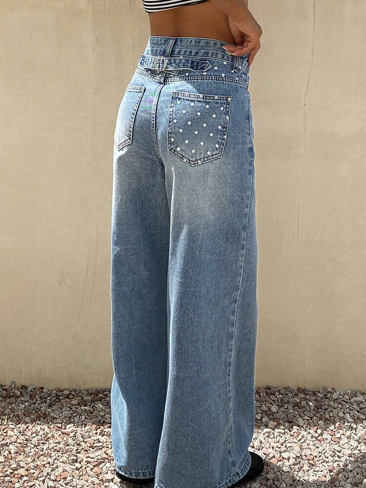 Women's Regular Waist Loose Straight Leg Jeans With Star Print, Casual Backside Design