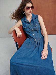 MOTF PREMIUM WOMEN'S DENIM DRESS WITH COLLAR, SLEEVELESS, WAIST-CINCHING, FLARE HEM - Blue - View 5