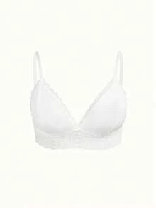 PetitDoll White Minimalist Comfortable Plus Size Lace Patchwork Wireless Bra - White - View 6