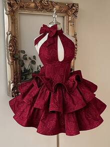 Lovelzi Gaun Formal Pendek Model A-Line Elegan Mewah Berwarna Burgundy dengan Tenunan Jacquard, Pita Buatan Tangan, dan Kerah Tegak, Cocok untuk Pesta, Wisuda, Pernikahan, dan Musim Panas. - Burgundy - View 7