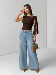 SHEIN PETITE 純色單肩綁帶上衣，適合嬌小女性 - 棕色 - 查看 5