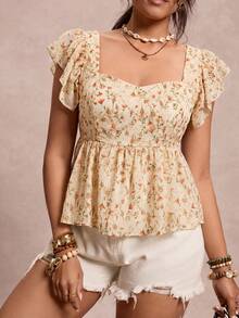 SHEIN VCAY Plus Size Women's Vacation Floral Ruffle Short Sleeve Fashion Shirt Vacation Wedding Guest Beige Summer Boho - Multicolor - View 8