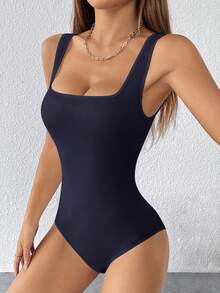 SHEIN PETITE 純色寬肩帶基礎彈性白色連身衣 - 藏蓝色 - 查看 1
