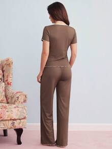 Elorette Casual Contrast Color Short Sleeve Top & Pants Women Pajama Set Outfit - Coffee Brown - View 3
