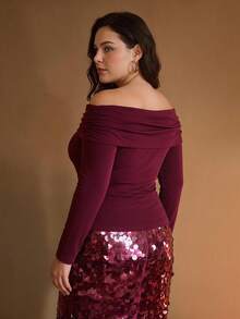MOTF PREMIUM PLUS SIZE OFF-SHOULDER RUCHED T-SHIRT - Burgundy - View 4