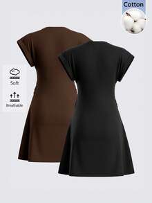 SHEIN BASICS 女款純色圓領蝙蝠袖休閒迷你洋裝 - 彩色 - 查看 2