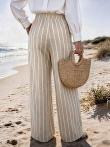 Vaclyn Women's Casual Vacation Style Striped Wide Leg Loose Long Pants - Khaki - View 2