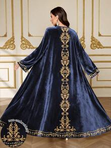 SHEIN Najma 女士大马士革花卉印花长袖优雅丝绒长袍，适合春秋季穿着 - 彩色 - 查看 1