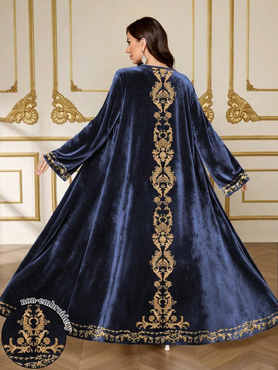 SHEIN Najma 女士大马士革花卉印花长袖优雅丝绒长袍,适合春秋季穿着 - 彩色 - 查看 1