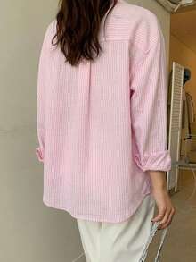 DAZY 女款條紋撞色單排扣休閒百搭日常出遊襯衫 - 粉色 - 查看 2