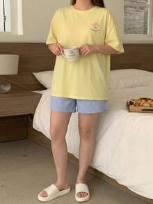 Dazy Plus Cartoon Print Loose Pajama Set, Includes Top And Pants, Spring/Summer/Autumn - Yellow - View 7