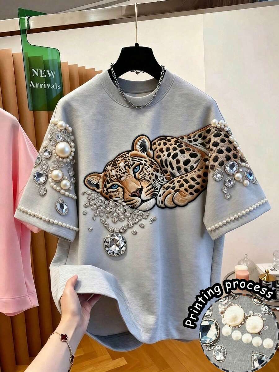 Resyla Women's Round Neck Faux Pearl Decor Leopard Print Casual Versatile Daily Wear T-Shirt - Multicolor - View 1