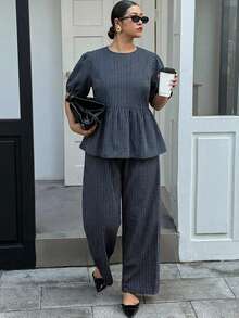 Dazy Plus Fashionable Striped V-Neck Loose Lantern Sleeve Pullover Top And Loose Long Casual Pants Plus Size Women's Spring/Autumn 2-Piece Set - Navy Blue - View 5