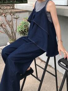 FRIFUL 女款時尚百搭荷葉邊下擺寬鬆寬腿牛仔吊帶褲 校園秋季款 - 藍色 - 查看 7