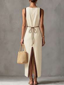 Hotletica Women's Summer Loose Color Block Sleeveless Long Casual Dress - Beige - View 2